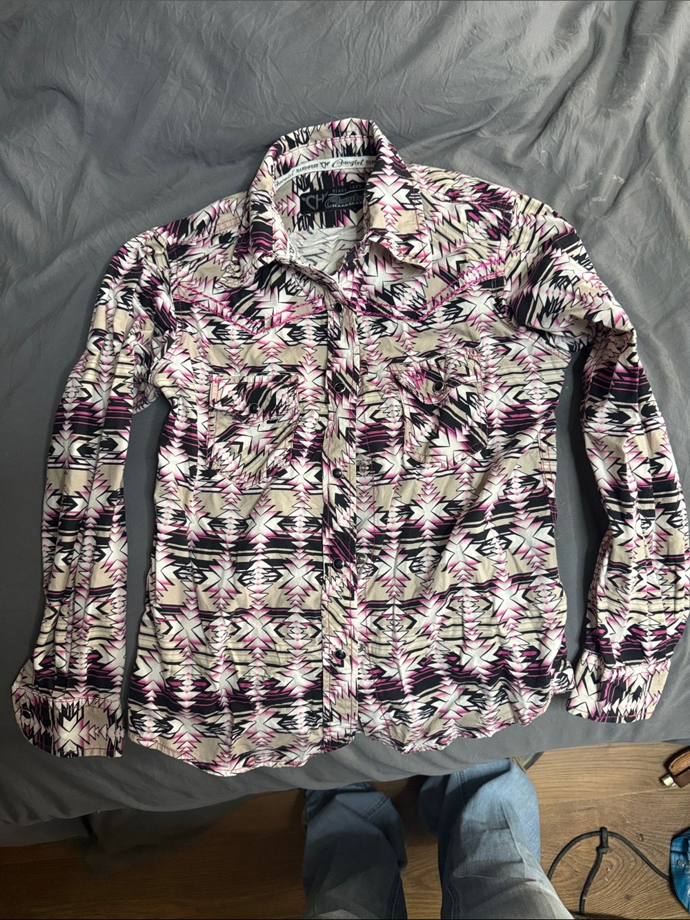 Kids Aztec Print Button-Down Shirt in Pink, Black & White